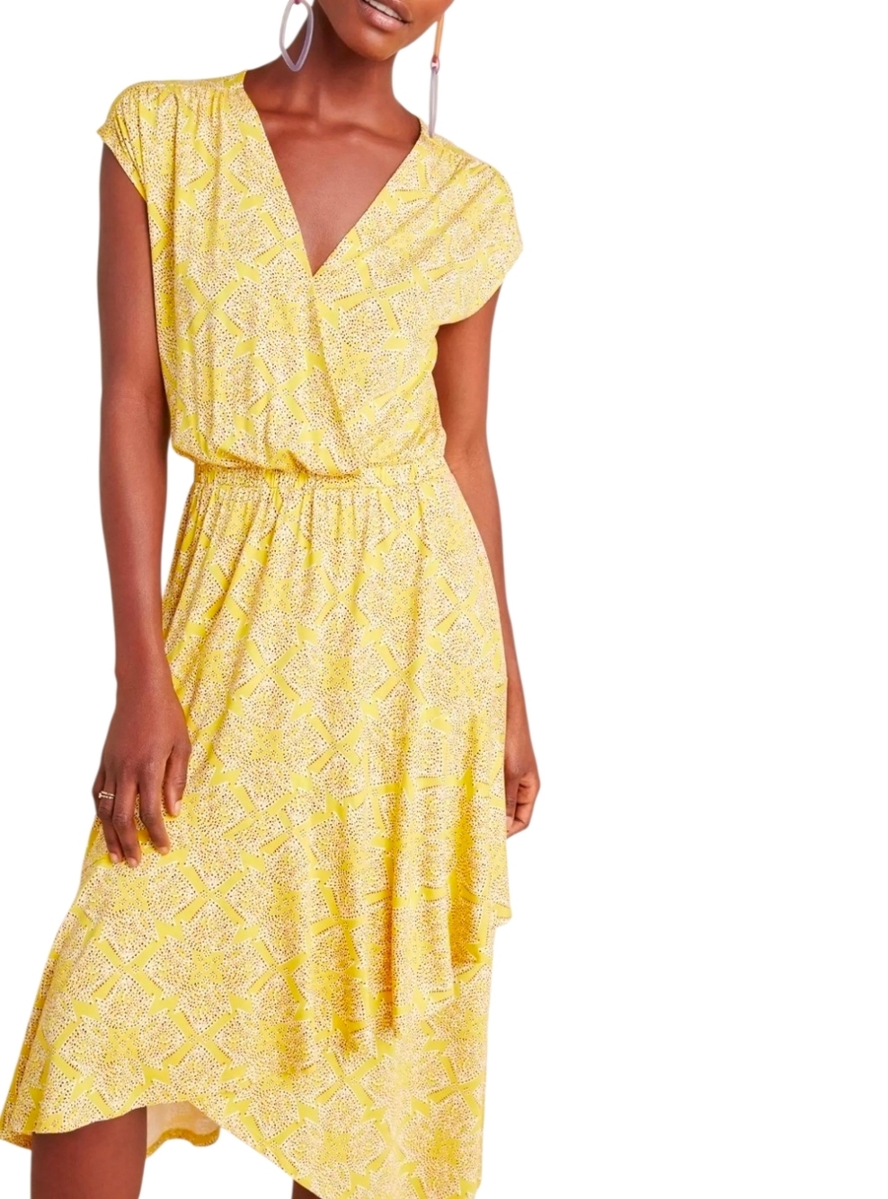 Maeve Anthropologie Fete A-Line Dress Yellow Floral Surplice Stretch Medium